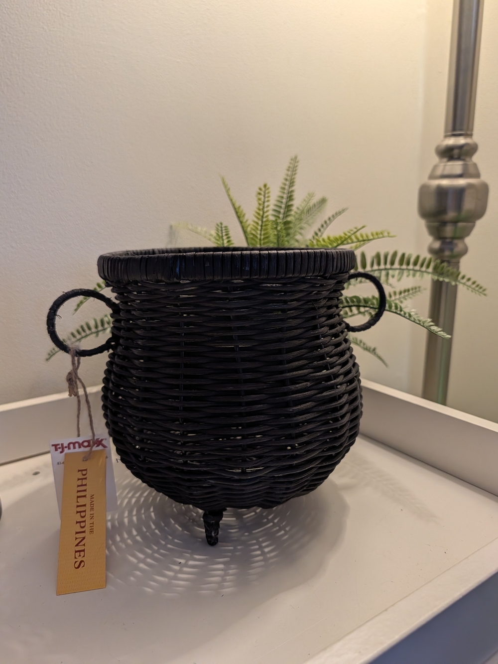 T.J.Maxx Black Woven Rattan Cauldron Basket with Loop Handles